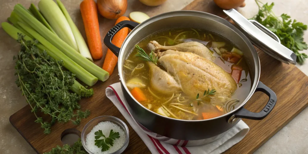 Simmering chicken and vegetables for the best chicken noodle soup