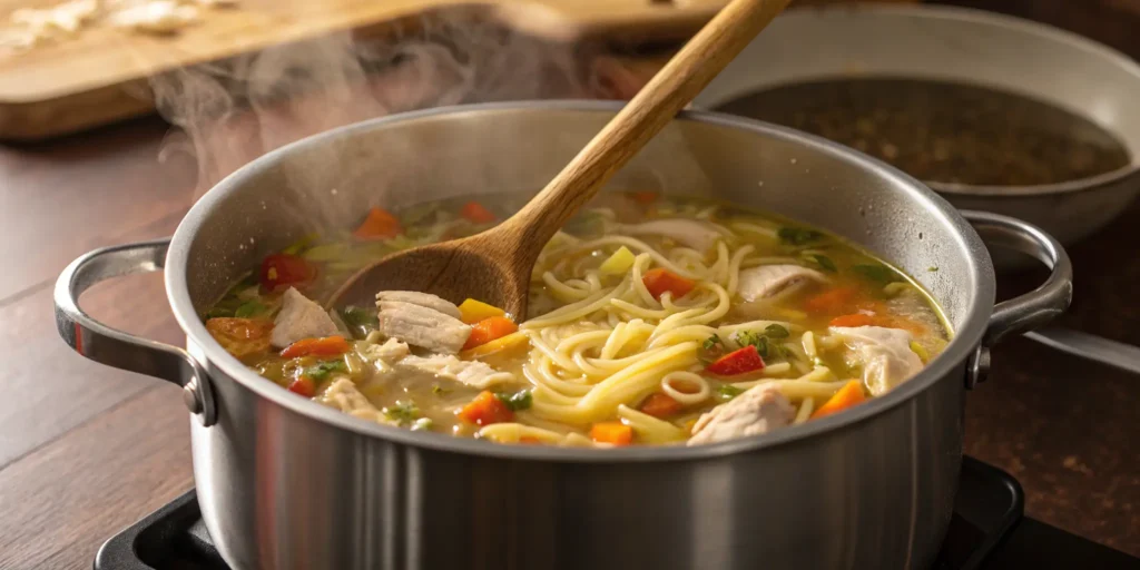Homemade chicken noodle soup recipe simmering in a pot with fresh vegetables and noodles - homemade chicken noodle soup recipe