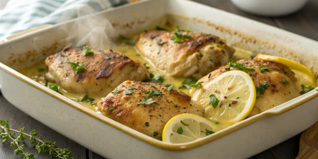 Baked creamy lemon chicken casserole with herbs and lemon slices