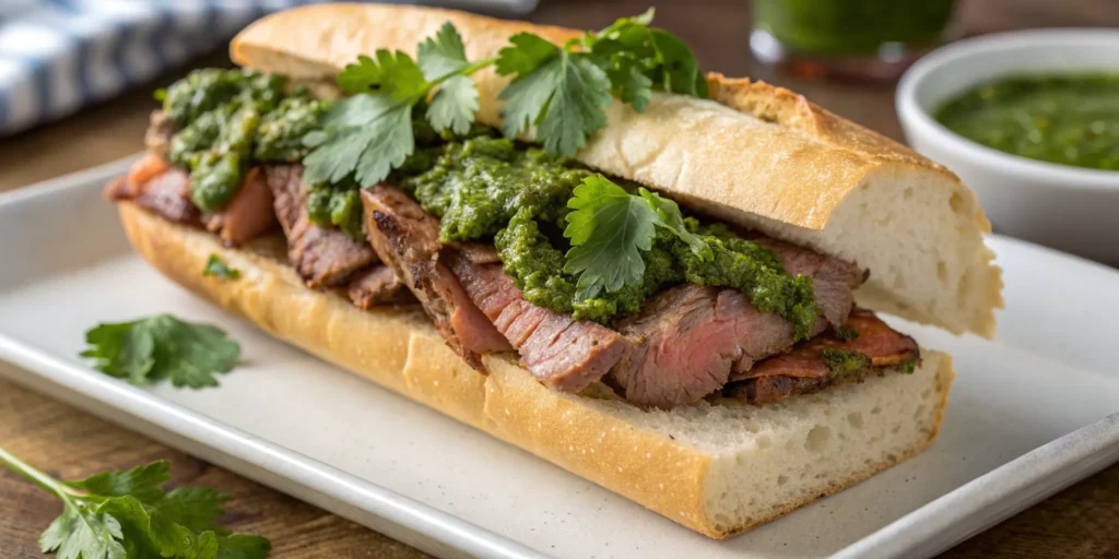 Chimichurri steak sandwich recipe with fresh herbs on toasted baguette