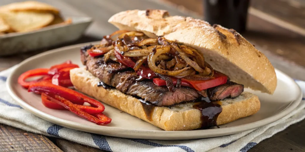 Ribeye steak sandwich with caramelized onions and balsamic glaze on ciabatta bread - Steak Sandwich Sauce