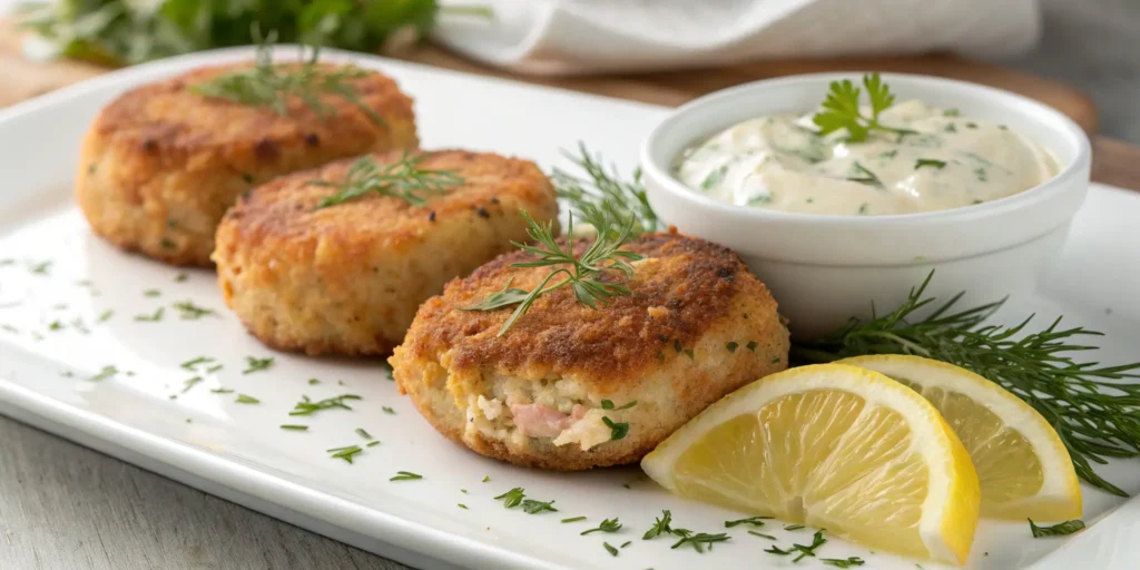 Plated salmon croquettes with tartar sauce and lemon