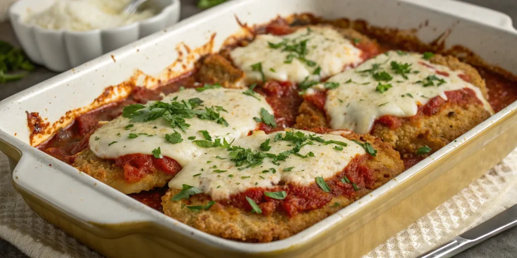 Chicken parmesan recipe baking with cheese and sauce