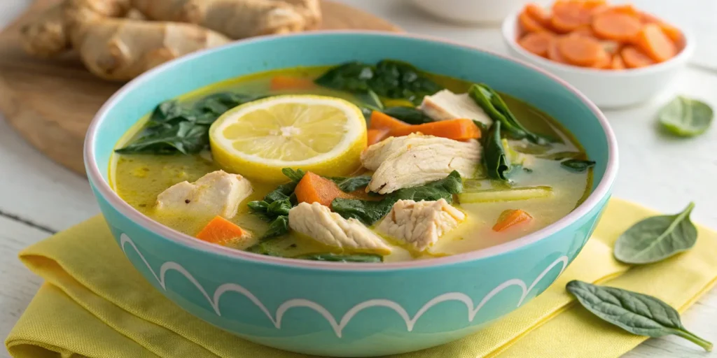 Healthy chicken soup with turmeric, ginger, and fresh greens