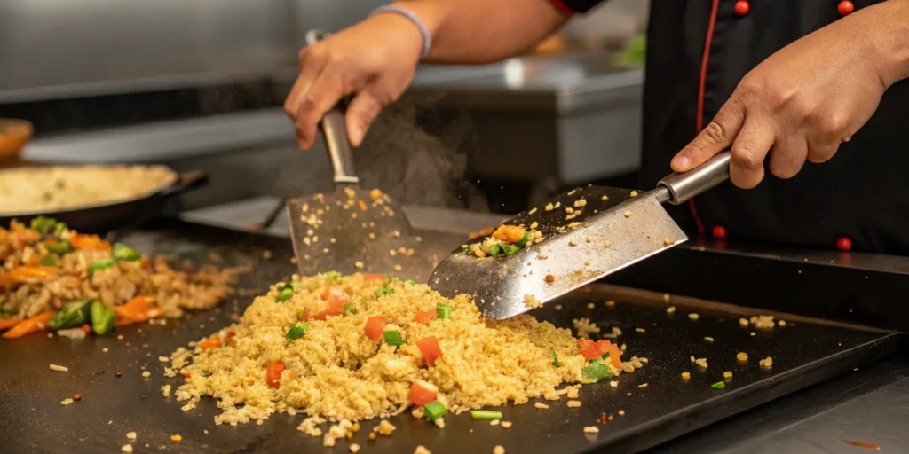Chef tossing hibachi fried rice on a Blackstone griddle