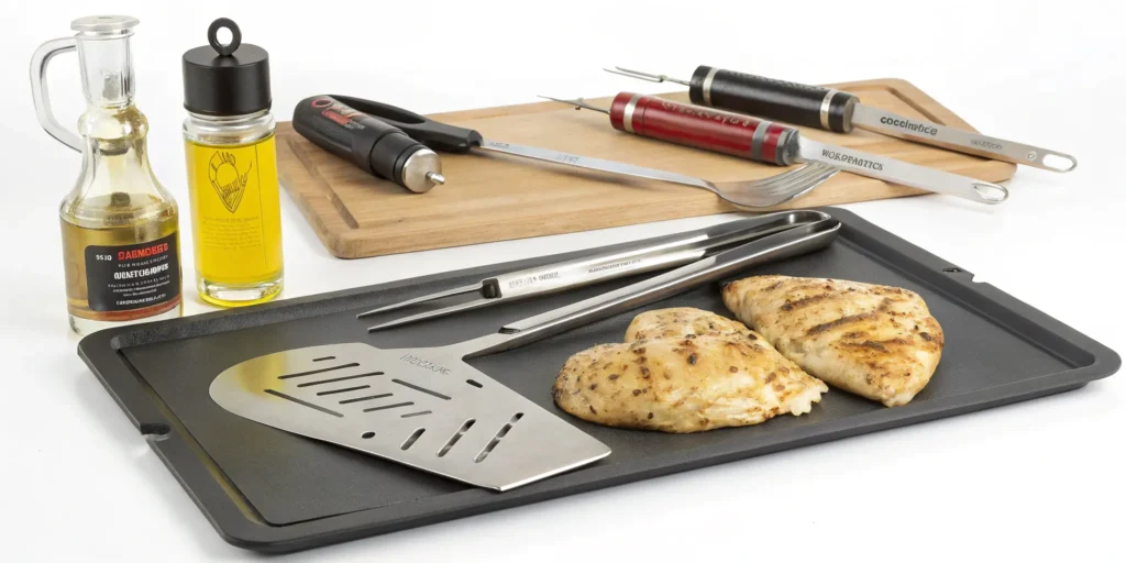 Blackstone griddle cooking setup with spatulas, oil bottle, meat thermometer, and cooked chicken pieces