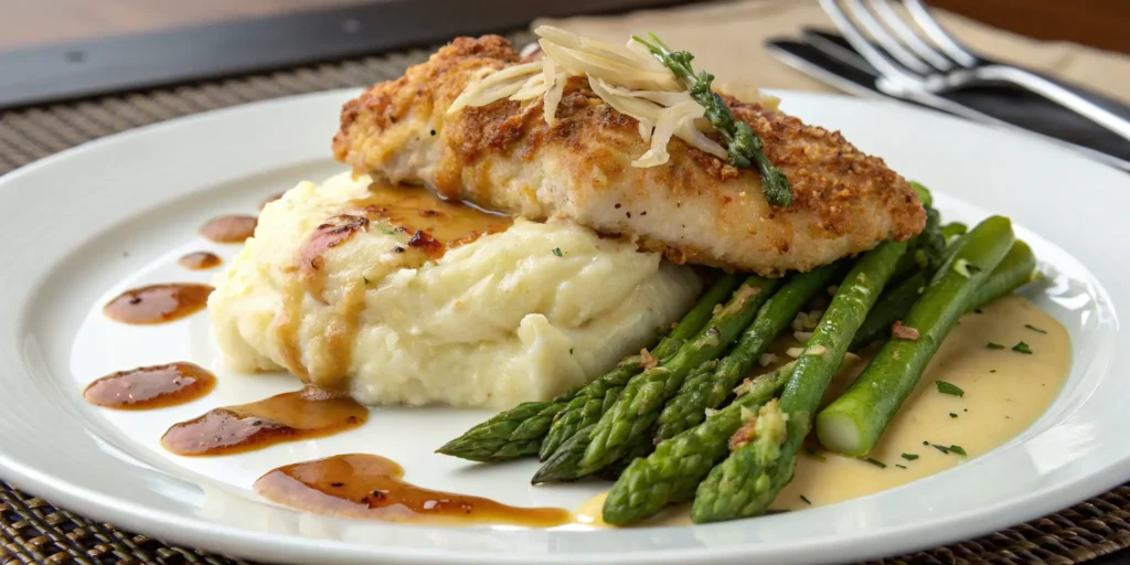 LongHorn Parmesan Chicken recipe served with garlic mashed potatoes and asparagus