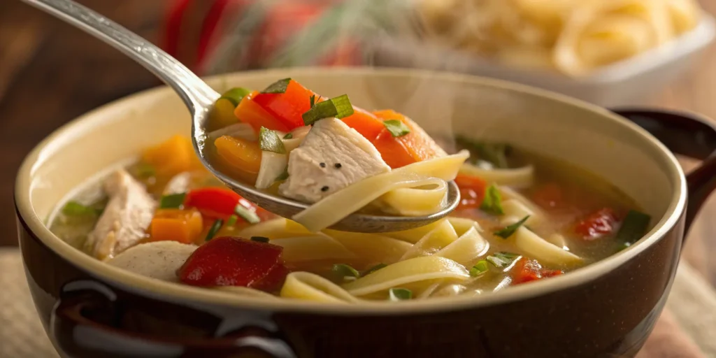 Spoonful of chicken noodle soup recipe with tender chicken and noodles