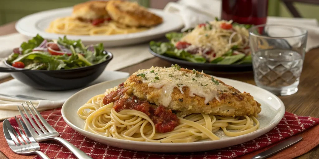 Chicken in parmesan served with pasta and salad