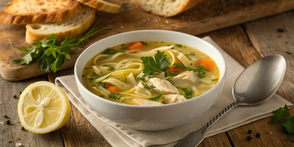 Serving the best chicken noodle soup with fresh herbs and bread