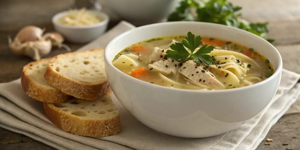 Bowl of chicken noodle soup served with crusty bread on the side - homemade chicken noodle soup recipe