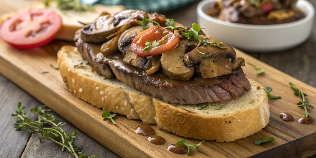 Open-faced steak sandwich recipe with sautéed mushrooms and gravy