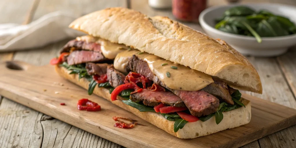 Flank steak sandwich with smoky chipotle cream sauce, roasted red peppers, and spinach - Steak Sandwich Sauce