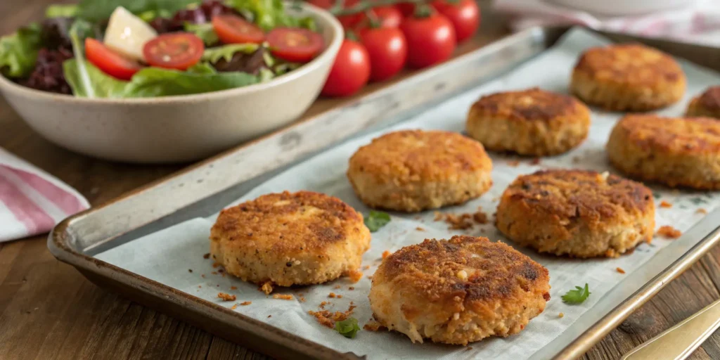 Healthy baked salmon croquettes on baking sheet with salad