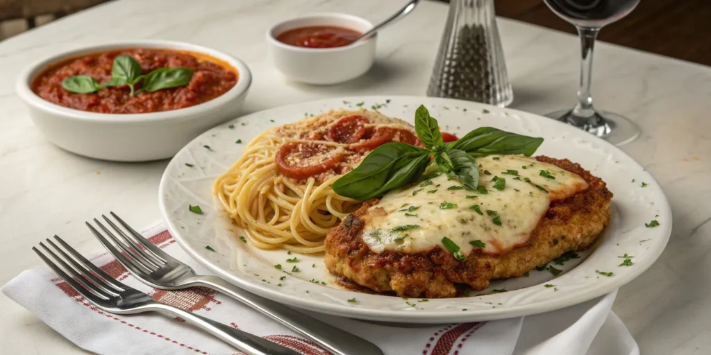 Chicken parmesan recipe served with pasta and marinara