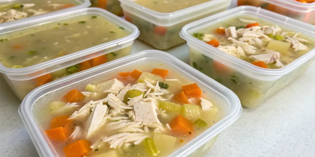 Freezer-friendly chicken soup in containers with vegetables and chicken