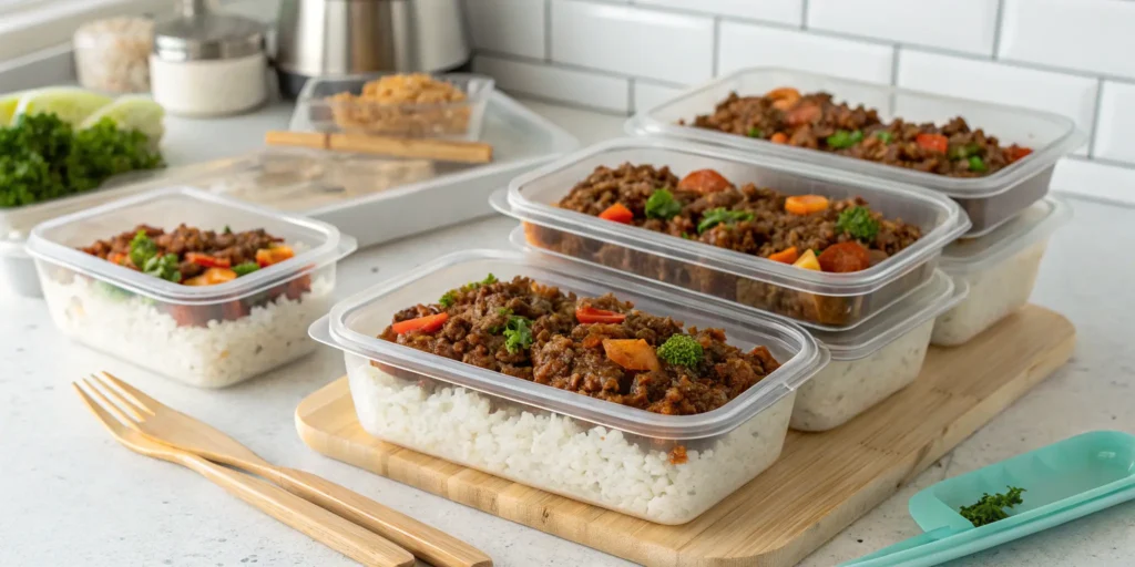 Meal prep containers filled with Instant Pot ground beef recipes ready for the week
