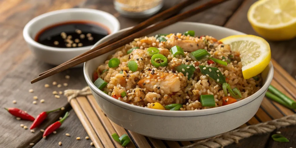 Bowl of Blackstone hibachi fried rice garnished with sesame seeds and green onions