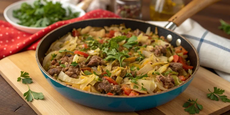 Skillet of cabbage ground beef cooked with onions and spices