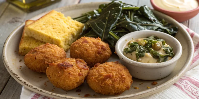 Golden crispy salmon croquettes soul food recipe served with collard greens and cornbread