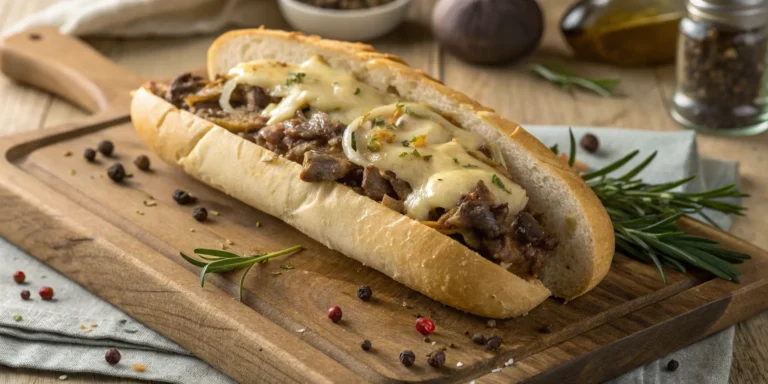 Classic Philly cheesesteak steak sub with melted cheese and sautéed onions on a hoagie roll