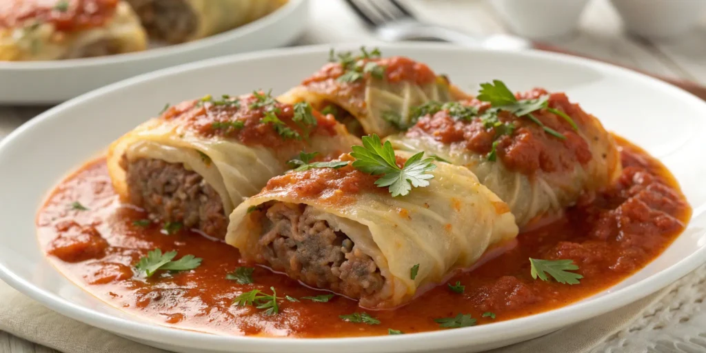 Baked stuffed cabbage rolls with ground beef and rice in tomato sauce