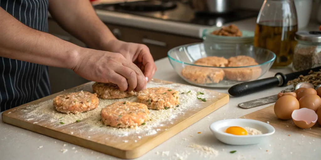 Shaping salmon patties with breadcrumbs and eggs - how to make salmon patties