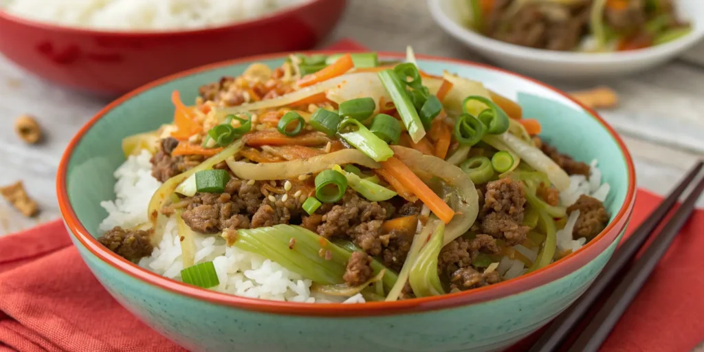 Asian-style cabbage ground beef stir-fry with carrots and green onions