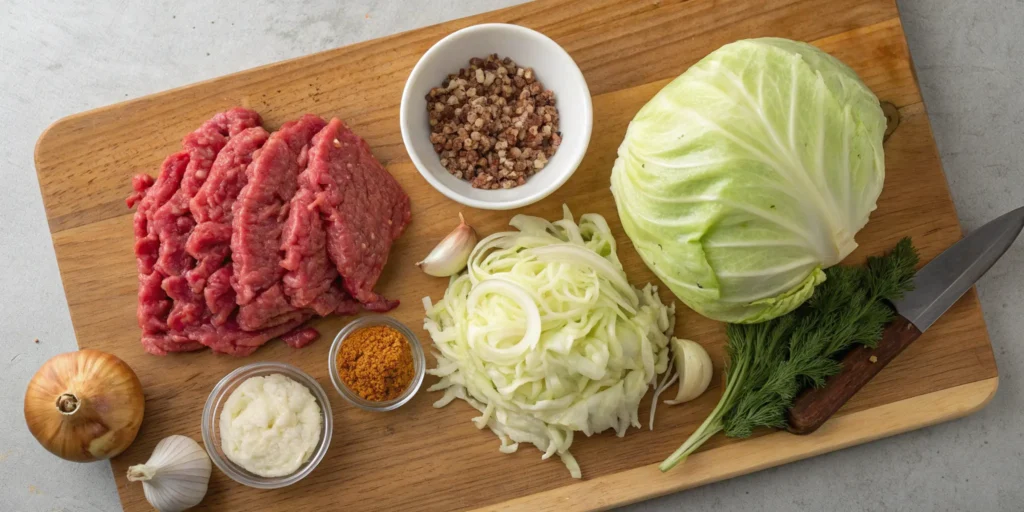 Fresh ingredients for cabbage ground beef recipe on a cutting board