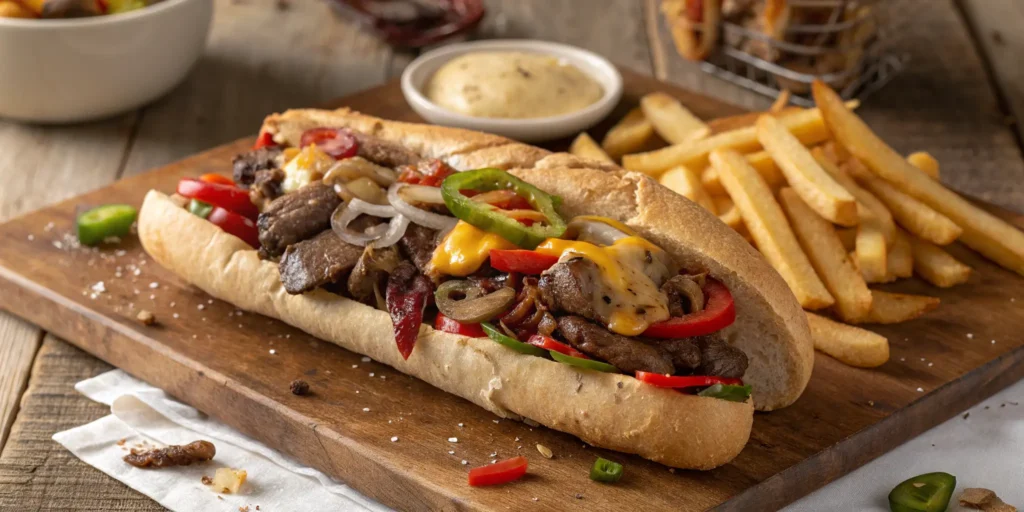 Loaded steak sub with ribeye, onions, peppers, mushrooms, and melted cheese - Steak Sub